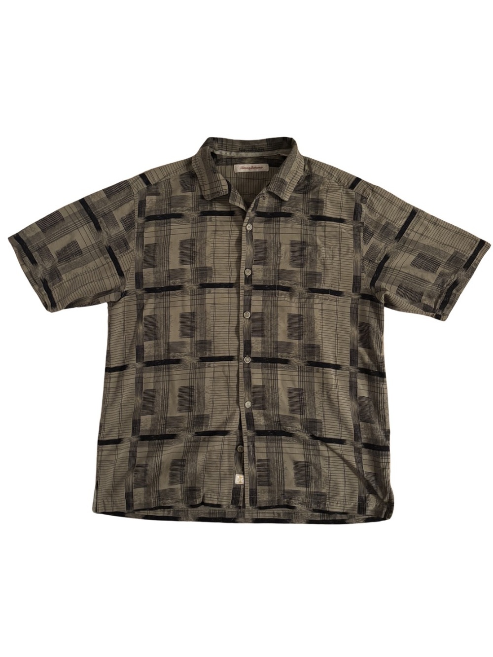 Tommy Bahama beige and black patterned silk shirt